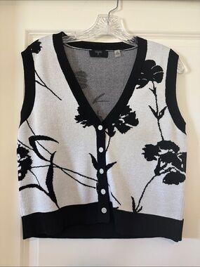Tahari Black and Cream Floral V-Neck Button Front Vest